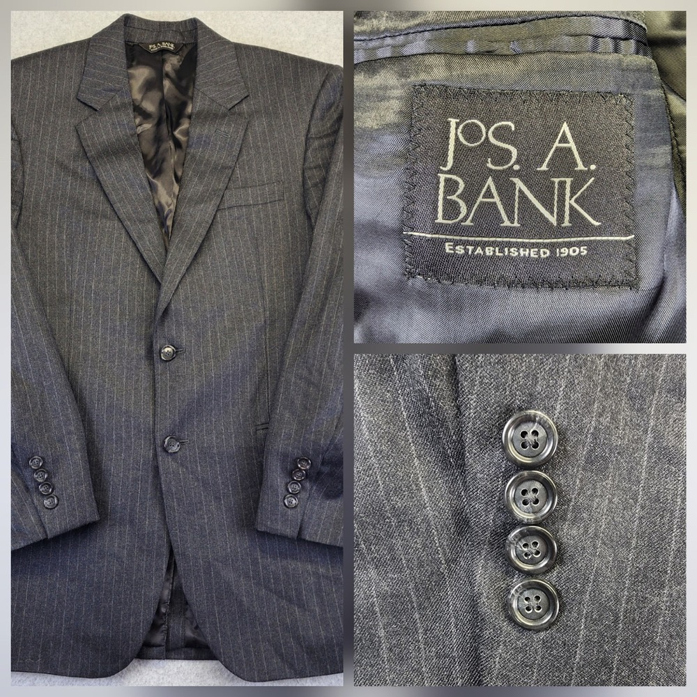 Jos A Bank Mens 38R Wool Cashmere Gray Pinstripe Sport Coat Blazer Jacket
